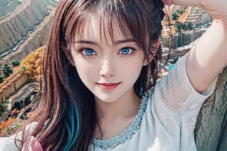 (ultra detailed, ultra highres), (masterpiece, top quality, best quality, official art :1.4), (high quality:1.3), cinematic, (muted colors, dim colors), (perfect eyes, perfect face:1.3), long-lenses photograph, realistic, UHD, 16K, 8K, warm glow, with mountains and valleys, stunning light, wind is blowing, sharp focus, extremely detailed CG, (perfect hands, perfect fingers, nice hands), photorealistic, (1girl with shiny long hair:1.4), (wearing a cute pink dress, puffy short sleeves, frills:1.2), detailed clothing, (smile), (waving one arm:1.2), (looking at camera:1.3), intricate detailed, detailed complex background, (highest quality, extreme detailed, official art, beautiful and aesthetic:1.2), (1girl), solo, Autumn, blue sky, white clouds, (Vivid, colorful rice terraces with no crops, Vivid, colorful rice terraces:1.4), top view, forest covered in autumn leaves , The colors are vibrant and detailed. extremely detailed CG, photorealistic,colorful, wrenchfaeflare,t5_face,meloncat,blue_IDphoto,grass,more detail ,huyefo