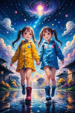 ultra detailed, (masterpiece, top quality, best quality, official art, beautiful and aesthetic:1.2),  Two girls playing in puddles wearing rain boots. In the center of the puddles,  there is a clear reflection of the transparent water surface with bright light reflecting upon it. The girls are dressed in yellow raincoats and wearing boots,  allowing them to play in the puddles without getting wet. One of them is an energetic girl with her hair tied up in pigtails,  while the other has cute short twin tails. Holding hands,  they jump and frolic,  creating splashes of water. The weather is fine after the rain,  and a vibrant rainbow stretches across the background,  creating a joyful atmosphere,  Dark night,  wind blowing,  stary night,  night sky,  absurderes,  high resolution,  Ultra detailed backgrounds,  highly detailed hair,  Calm tones,  (Geometry:1.42),  (Symmetrical background:1.4),  Photograph the whole body,  from below,  Backlighting of natural light,  falling petals,  the source of light is the moon light,  colorful wear,  (adorable difference face:1.4), (sharp focus:1.3), cyberpunk style