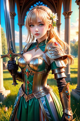 (masterpiece), (absurdres:1.3), (ultra detailed), HDR, UHD, 16K, ray tracing, vibrant eyes, perfect face, award winning photo, 1 girl with long hair, blond-green hair with bangs, bronze eyes, detailed face, wearing a fancy ornate (((folk dress))), shoulder armor, armor, glove, hairband, hair accessories, striped, (holding the great weapon:1.7), jewelery, thighhighs, pauldrons, side slit, capelet, vertical stripes, looking at viewer, fantastical and ethereal scenery, daytime, church, grass, flowers. Intricate details, extremely detailed, incredible details, full colored, complex details, hyper maximalist, detailed decoration, detailed lines, best quality, dynamic lighting, perfect anatomy, realistic, more detail, Architect, shiny skin, (shy blush:1.1), (dynamic action pose:1.3) ,slightly smile, lens flare, photo quality, big dream eyes, ((perfect eyes, perfect fingers)) ,kawaii, (Sharp focus realistic illustration:1.2), 