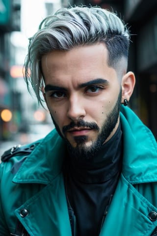 Guy , white_hair , short_hair ,  fade_haircut ,  teal_jacket , cyberpunk , black_eyes , beard,male