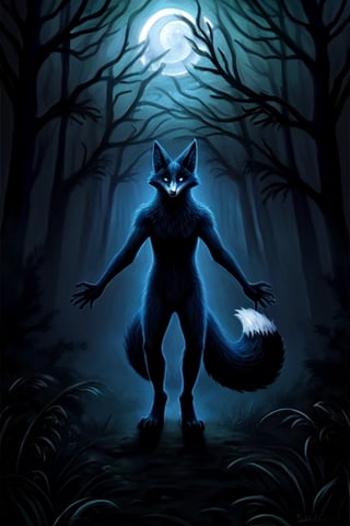 night moonlight forest Personification furry Therianthropy fox wizard painting dark tones magic