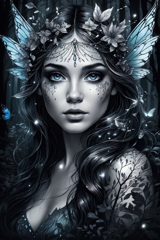 breathtaking ethereal ink drawing of beautiful forest fairy in magic forest, (perfect eyes:2.0), (perfect hands:2.0) . dark and moody style, ink illustration, Splash art, sharp focus, focus on eyes, hyperrealistic, volumetric lighting, dramatic lighting, cinematic lighting, exquisite intricate details, highly detailed, UHD, 64k resolution, hires