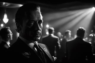 breathtaking ethereal film noir photograph, night jazz in dark and smokie night club . black and white, dark and moody style, Splash art, soft focus, focus on eyes, hyperrealistic, volumetric lighting, dramatic lighting, cinematic lighting, exquisite details, highly detailed, UHD, 64k resolution, hires