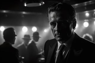 breathtaking ethereal film noir photograph, night jazz in dark and smokie night club . black and white, dark and moody style, Splash art, soft focus, focus on eyes, hyperrealistic, volumetric lighting, dramatic lighting, cinematic lighting, exquisite details, highly detailed, UHD, 64k resolution, hires