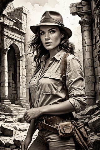 breathtaking retro pencil sketch of young beautiful (sexy:2.0) archeologist girl with freckles in lost old ruined city, alluring, (perfect eyes:2.0), (perfect hands:2.0), evocative dynamic action pose, curvy body . at distance, in style of Indiana Jones, dark and moody style, ink illustration, Splash art, sharp focus, focus on eyes, hyperrealistic, volumetric lighting, dramatic lighting, cinematic lighting, exquisite details, highly detailed, UHD, 64k resolution, hires