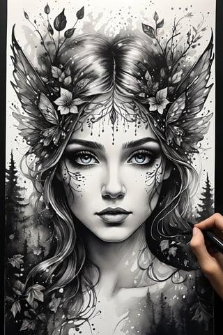 breathtaking ethereal ink drawing of beautiful forest fairy in magic forest, (perfect eyes:2.0), (perfect hands:2.0) . dark and moody style, ink illustration, Splash art, sharp focus, focus on eyes, hyperrealistic, volumetric lighting, dramatic lighting, cinematic lighting, exquisite intricate details, highly detailed, UHD, 64k resolution, hires