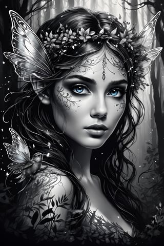 breathtaking ethereal ink drawing of beautiful forest fairy in magic forest, (perfect eyes:2.0), (perfect hands:2.0) . dark and moody style, ink illustration, Splash art, sharp focus, focus on eyes, hyperrealistic, volumetric lighting, dramatic lighting, cinematic lighting, exquisite intricate details, highly detailed, UHD, 64k resolution, hires