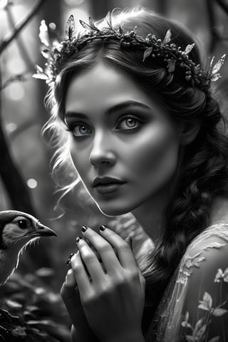 breathtaking ethereal photograph of beautiful forest fairy talking with animals, (perfect eyes:2.0), (perfect hands:2.0) . black and white, film noir style, dark and moody style, ink illustration, Splash art, sharp focus, focus on eyes, hyperrealistic, volumetric lighting, dramatic lighting, cinematic lighting, exquisite intricate details, highly detailed, UHD, 64k resolution, hires