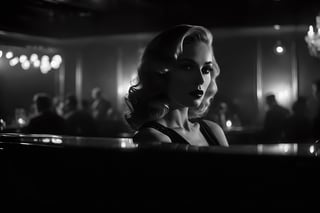 breathtaking ethereal film noir photograph, night jazz in dark and smokie night club . black and white, dark and moody style, Splash art, soft focus, focus on eyes, hyperrealistic, volumetric lighting, dramatic lighting, cinematic lighting, exquisite details, highly detailed, UHD, 64k resolution, hires