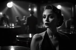 breathtaking ethereal film noir photograph, night jazz in dark and smokie night club . black and white, dark and moody style, Splash art, soft focus, focus on eyes, hyperrealistic, volumetric lighting, dramatic lighting, cinematic lighting, exquisite details, highly detailed, UHD, 64k resolution, hires