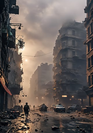 (best quality, 8k, 32K UHD, highres, masterpiece:1.2), ultra-detailed, hyper-realistic,A war-torn city, a deserted city, polluted air, heavy fog,4k,8k,movie light,detailmaster2