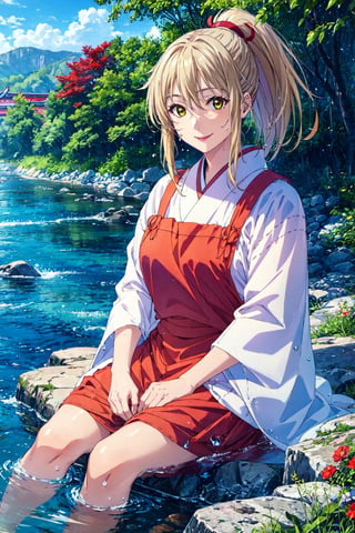 masterpiece,best quality,1girl, mature female,,yellow eyes,red apron,white kimono,,,,dark yellow hair skirt,sitting,smile,outdoors,riverbank,wind,water drop, uka, uka no mitama, high ponytail 