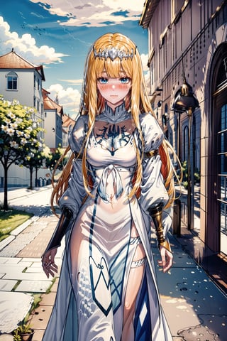 1girl, solo, looking at viewer, blush, long sleeves, , closed mouth, standing, ,  outdoors, sky, cloud,  plant, medieval building,, ancient city, potted plant, , lamppost, 1girl, solo, Calca, Calca Bessarez, blonde hair, (extremely long hair:1.3), very long hair, white tiara, white dress, blue eyes, medium chest