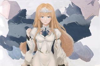 originality,, 1girl, solo, Calca, Calca Bessarez, blonde hair, (extremely long hair:1.3), very long hair, white tiara, white dress, blue eyes, medium chest