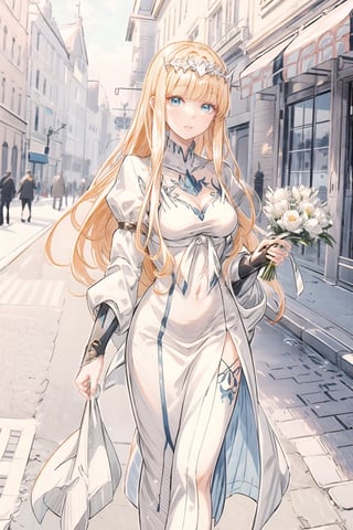 Masterpiece, beautiful details, perfect focus, uniform 8K wallpaper, high resolution,
 walking down the street in the morning sun, medical age castle background, clear, sparkling deep eyes,  holds a small bouquet in her hand,  1girl, perfect light, ,, solo, Calca, , calca, blonde hair, long hair, medium chest, extremely long hair, very long hair, extra long hair, white tiara, white dress, blue eyes,Calca Bessarez,medium breast,, ,