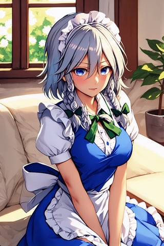 beautiful girl.,izayoi_sakuya_touhou, Sakuya, ,, ,, Sakuya, Sakuya Izayoi, blue maid outfit, white apron, white maid headband, silver hair, two braided hair, short hair, blue eyes, blue eyes, two green ribbons on her braided hair, green bowtie, braid,izayoi_sakuya_touhou