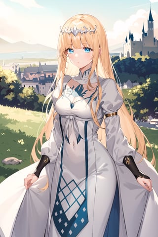 1girl, solo, Calca, Calca Bessarez, blonde hair, extremely long hair, very long hair, white tiara, white dress, blue eyes, medium chest, beautiful scenery, castle background, daytime, beautiful light 