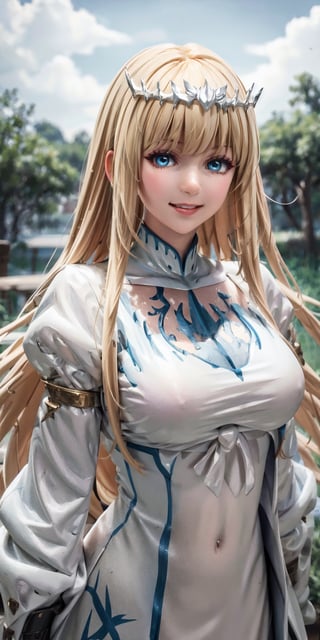 best quality, masterpiece, highres, detailed, digital artwork, , MeliaXenoblade, blue eyes,  upper body, ,, happy, smile, 1girl, solo, Calca, Calca Bessarez, blonde hair, extremely long hair, very long hair, white tiara, white dress, blue eyes, medium chest