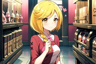 //Quality,
(masterpiece), (best quality), 8k illustration,
//Character,
enri, 1girl, blonde hair, yellow hair, yellow eyes,  solo, potion, liquid drug, pink potion, a lot of potion on the shelf 
//Fashion,
luxurious pink dress
//Background,
indoors, potion stores, 
//Others, valentine theme, pink theme, heart-shaped decoration, pink store, full of pink heart effect, 
,