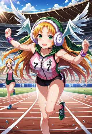 score_9, score_8_up, score_7_up, score_6_up, source_anime,
running track, stadium, starting blocks, finish line, stopwatch, 
sunny day, clear sky, spectators in background,
athletic, determined expression, focused gaze,
 wind:3,sweat droplets,
running pose, leaning forward, arms pumping, legs mid-stride,
track spikes, form-fitting running singlet, running shorts, 
race number pinned to singlet, 
BREAK,
colorful wristbands, BREAK
masterpiece, best quality, absurdres,Divine Chant,4th Seat of the Black Scripture,1girl,blonde hair,green eye,pink sport uniform, green hood,very long hair,(angelwing-shaped earmuffs:1.3),medium breasts