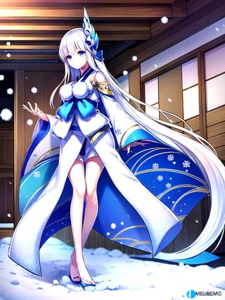 //Quality, (masterpiece), (best quality), 8k illustration
,//Character,
1girl, solo
,//Fashion,
,//Background, indoors, Japanese style room,
,//Others,
ice magic, snow power, snow effect, winter,, magical realm,Yuki Onna,  medium breast , Japanese kimono, bare shoulder, light blue hair, extremely long hair, blue eyes, hair ornament, blue ribbon, blue earring