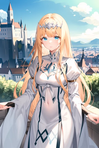 1girl, solo, Calca, Calca Bessarez, blonde hair, extremely long hair, very long hair, white tiara, white dress, blue eyes, medium chest, beautiful scenery, castle background, daytime, beautiful light 