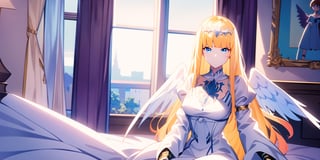 vibrant colors, 1female, masterpiece, sharp focus, best quality, depth of field, cinematic lighting, ((solo, one woman )), (illustration, 8k CG, extremely detailed), masterpiece, ultra-detailed,
1angel, (blonde hair), extremely long hair, blue eyes, white tiara, large angel wings, , white dress, , Sitting in the castle, best smile, cute face, perfect light, masterpiece