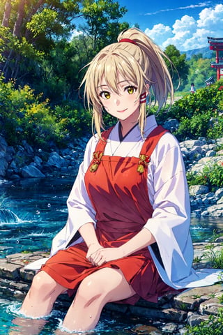 masterpiece,best quality,1girl, mature female,,yellow eyes,red apron,white kimono,,,,dark yellow hair skirt,sitting,smile,outdoors,riverbank,wind,water drop, uka, uka no mitama, high ponytail 