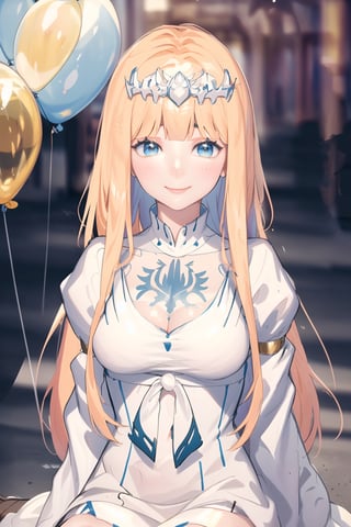 masterpiece, best quality, incredibly absurdres, 1girl, multiple colorful balloon, sitting, happy, closed mouth, very long hair, upper body, , hand behind back, solo, Calca, Calca Bessarez, blonde hair, (extremely long hair:1.3), very long hair, white tiara, white dress, blue eyes, medium chest