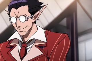 best quality,  masterpiece,  red suit,  red trouser,  red Necktie,  Silver Round Glasses,  short hair,  pointy ears,  black hair,  Diamond Eyes,  long metal tail,  black gloves,  demiurge,, equal-sized ears