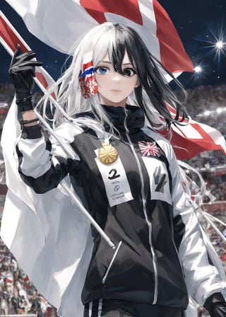 detailed illustration, dynamic angle, ultra-detailed, illustration, 1girl, Japan flag, white and black jacket, medium, Olympic Awards Ceremony, olympic competition, , bright eyes, podium,Antilene_Heran_Fouche \(overlord\), heterochromia, left black eye, right white eye, left silver hair, right black hair, black glove, hair ornament, Olympic outfit