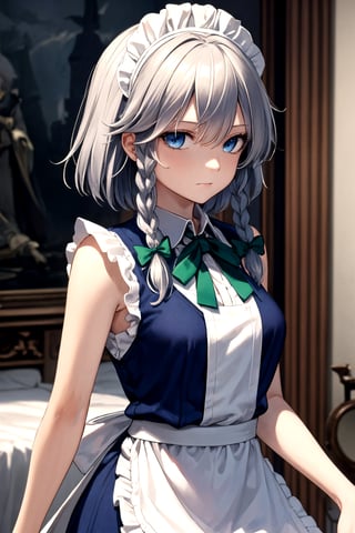 //Quality,
masterpiece, best quality
,//Character,
1girl, solo
,//Fashion,
,//Background, indoor, gothic Victorian mansion
,//Others,
, full_body,izayoi_sakuya_touhou, , silver hair, maid dress, white apron, very short skirt,, sleeveless outfit, detailed face, detailed eyes, fresh blue eyes, big green ribbons, blue outfit, double braids, small green ribbons