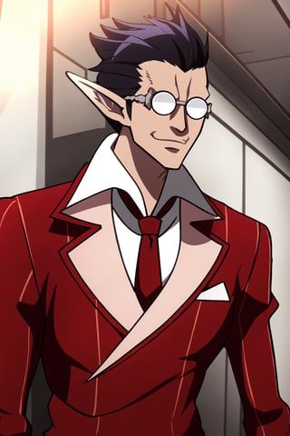 best quality,  masterpiece,  red suit,  red trouser,  red Necktie,  Silver Round Glasses,  short hair,  pointy ears,  black hair,  Diamond Eyes,  long metal tail,  black gloves,  demiurge,,