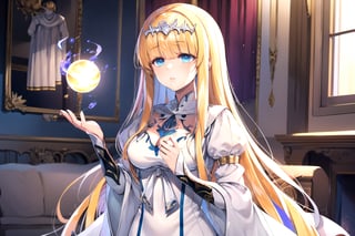 //Quality,
(masterpiece), (best quality), 8k illustration
,//Character,
1girl, solo, calca, blonde hair, very long hair, extremely long hair, blue eyes, medium breast, long sleeve, white dress, white tiara, blonde hair
,//Fashion,
,//Background,
indoors
,//Others,
magic book, forefather of magic, magical realm