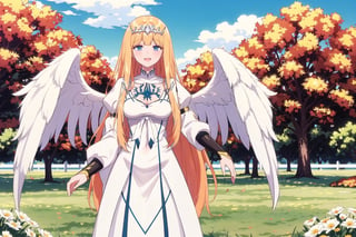 looking at viewer, blush, smile, open mouth, , standing, , flower, s, outdoors, sky, day, cloud, tree, blue sky,, fence, autumn leaves, field, autumn,  1angel, Calca, blonde hair, (extremely long hair:1.4), white tiara, white dress, blue eyes, medium breasts, two angel wings, (very large white wings:1.4)