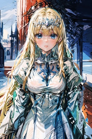 (mature female), (relax), (blush), solo, 1girl,

Detailed face, ultra-detailed, bright skin, high-quality skin texture rendering, masterpiece, (highest quality),  8k, (anime), impressionist

medieval age castle background,  Calca, Calca Bessarez, blonde hair, (extremely long hair:1.3), very long hair, white tiara, white dress, blue eyes, medium chest,