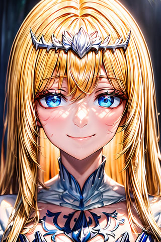 (8k,masterpiece, best quality, highres),  smile,(closed mouth:1.2) ,delicated eyes, delicated face,,focus,portrait,  1girl, solo, Calca, Calca Bessarez, blonde hair, (extremely long hair:1.3), very long hair, white tiara, white dress, blue eyes, medium chest, medium breast, yellow hair color