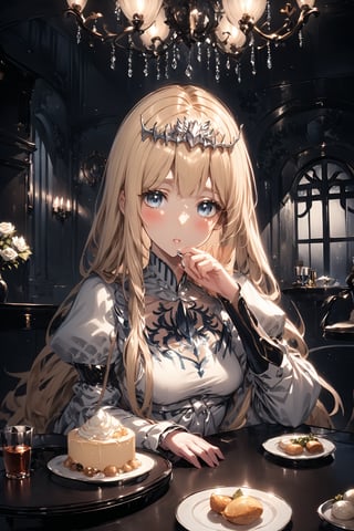 Extreme detailed, (masterful), blush, standing,  parted lips, looking at viewer, , hands under chin, sitting, food, solo focus, indoors, cup, window, , night, pov, eating, table,, plate, drinking glass, fork, , in luxurios room, victorian gothic stlye mansion,, (mature face), mature, opposite viewer, front view, night time, warm lighting,Calca, 1girl, Calca, Calca Bessarez, blonde hair, (extremely long hair:1.3), very long hair, white tiara, white dress, blue eyes,