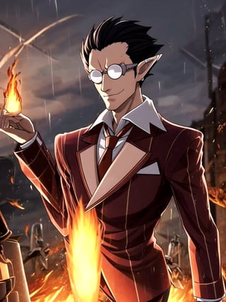 (((masterpiece))),best quality, illustration,(beautiful detailed male)((flames of war)),(((nuclear explosion behind))),rain, detailed lighting, detailed fire,(beautiful detailed eyes), expressionless,,demiurge, orange suit, orange trouser, Orange Necktie, Silver Round Glasses, short hair, pointy ears, black hair, Diamond Eyes, long metal tail, black gloves, demiurge