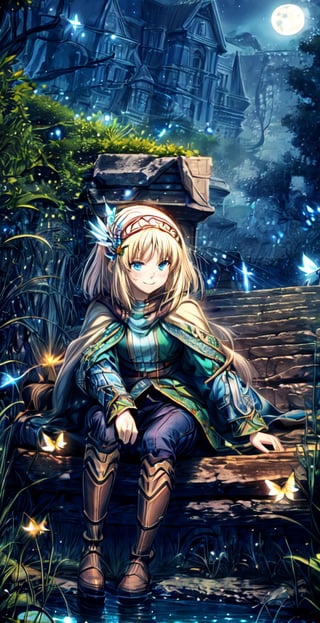 masterpiece, best quality, masterpiece, best quality, official art, extremely detailed CG uniform 8k wallpaper, night, starry sky, moonlight, moon, 1girl, camera view from below,,seductive smile, , sparkling eyes, medium chest, many glowing butterflies, park, comics, too ridiculous, unreal, wallpaper, light, photos, albums, reality,Cayna, blonde hair, yellow hair, blue eyes, hair ornament