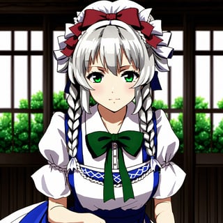 (Beautiful Eyes) (Sparkling Eyes) (Tall Body) (Pretty Pose) (Maid's Dress) (Black and White Background), Chibi,pixel style,Sakuya, ,izayoi_sakuya_touhou, Sakuya, ,,, Sakuya Izayoi, blue maid outfit, white apron, white maid headband, silver hair, (two braided hair:1.3), short hair, blue eyes, blue eyes, two green ribbons on her braided hair, green bowtie, braid,izayoi_sakuya_touhou