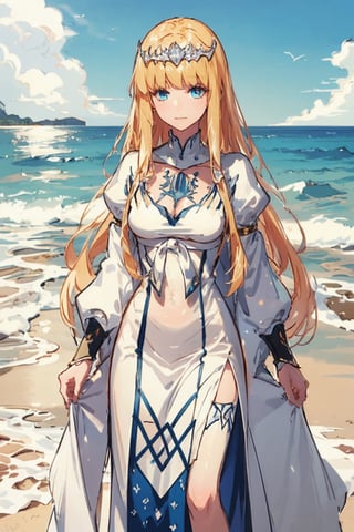 , 1girl, solo, Calca, , calca, blonde hair, long hair, medium chest, extremely long hair, very long hair, extra long hair, white tiara, white dress, blue eyes,Calca Bessarez,medium breast,, ,, beach, pastel colour, 