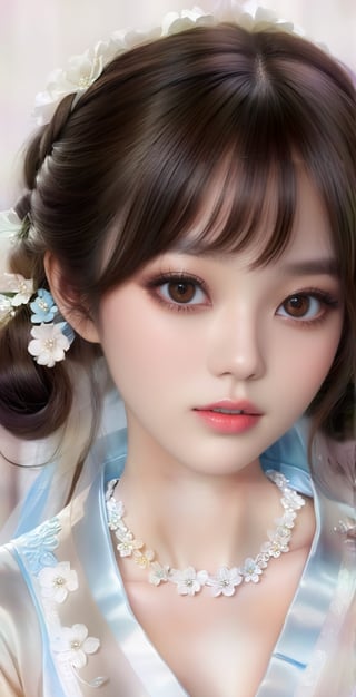 a doll with a blue dress and a white flower, popular korean makeup, popular south korean makeup, ulzzang, korean hanbok, realistic cute girl painting, anime barbie doll, portrait of female korean idol, asian beautiful face, korean idol, beautiful makeup, soft makeup, kawaii hairstyle, by Lü Ji, photorealistic anime girl render, detailed anime soft face,large-eyed 