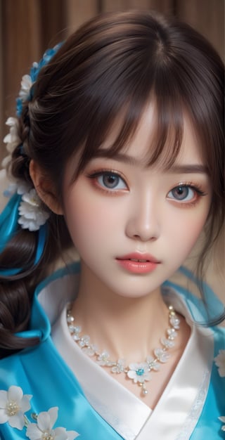 a doll with a blue dress and a white flower, popular korean makeup, popular south korean makeup, ulzzang, korean hanbok, realistic cute girl painting, anime barbie doll, portrait of female korean idol, asian beautiful face, korean idol, beautiful makeup, soft makeup, kawaii hairstyle, by Lü Ji, photorealistic anime girl render, detailed anime soft face,large-eyed 