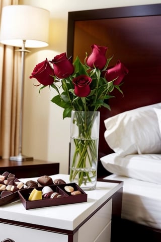 High definition 8k photograph of a dozen red roses in a shot vase and an open box of chocolates on a small nightstand.  There is a bed in the background 45 degree angle behind the roses, luxury hotel room backdrop.