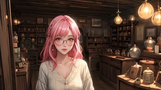 a fantasy magical shop which has a pink haired glasses clumsy girl as shopkeeper. Her store is filled with magic potions, books, papers, magical equipment etc. Her shop is made out of wood and gives the vibe of old shops filled with junk.

A digital painting of a pink-haired girl with glasses, clumsily managing a fantasy magical shop filled with potions, books, papers, and magical equipment. The shop has wooden walls and an old, junk-filled charm. The background features a cozy, cluttered interior with glowing potions and magical artifacts. Created Using: digital painting, warm color palette, detailed textures, dynamic composition, whimsical style, atmospheric lighting, intricate detailing, realistic elements, hd quality, natural look.

HD, 8K, Best Perspective, Best Lighting, Best Composition, Good Posture, High Resolution, High Quality, 4K Render, Highly Denoised, Clear distinction between object and body parts, Masterpiece, Beautiful face, 
Beautiful body, smooth skin, glistening skin, highly detailed background, highly detailed clothes, 
highly detailed face, beautiful eyes, beautiful lips, cute, beautiful scenery, gorgeous, beautiful clothes, best lighting, cinematic , great colors, great lighting, masterpiece, Good body posture, proper posture, correct hands, fantasy_shop, wooden_shop_interior, pink_haired_shopkeeper, clumsy_shopkeeper, glasses, magical world,Mizuki_Lin