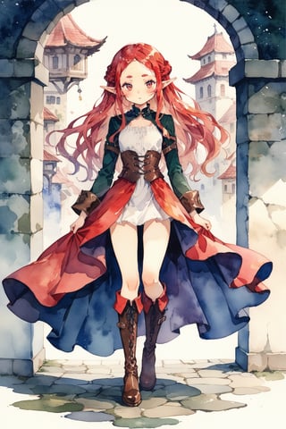 masterpiece, best quality, aesthetic,1girl,solo,elf,tareme,thick eyebrows,[yellow|red] hair,lang hair,hair tie,leather boots,long fall boots,pelvic curtain,,watercolor \(medium\),illustration background