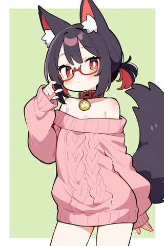 masterpiece, best quality,pokemon \(Mew)\,Tekeli,black fox ears,animal ear fluff,black fox tail,black hair,red inner hair,short ponytail,sidelocks,(red eyes:1.3),red_glasses,fashion,cat_collar,blush,off-shoulder sweater,flat chest,otoko no ko,white border,pokemon \(Mew)\