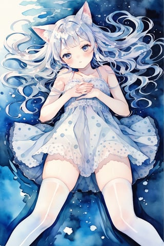 masterpiece, best quality, aesthetic,1woman,solo,cat girl,white hair,straight hair,white thighhighs,lying,fetal position,curled up,from above,polka dot,water ripple,water surface,reflection light,Reflection,watercolor \(medium\)