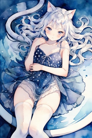 masterpiece, best quality, aesthetic,1woman,solo,cat girl,white hair,straight hair,white thighhighs,lying,fetal position,curled up,from above,polka dot,water ripple,water surface,reflection light,Reflection,watercolor \(medium\)